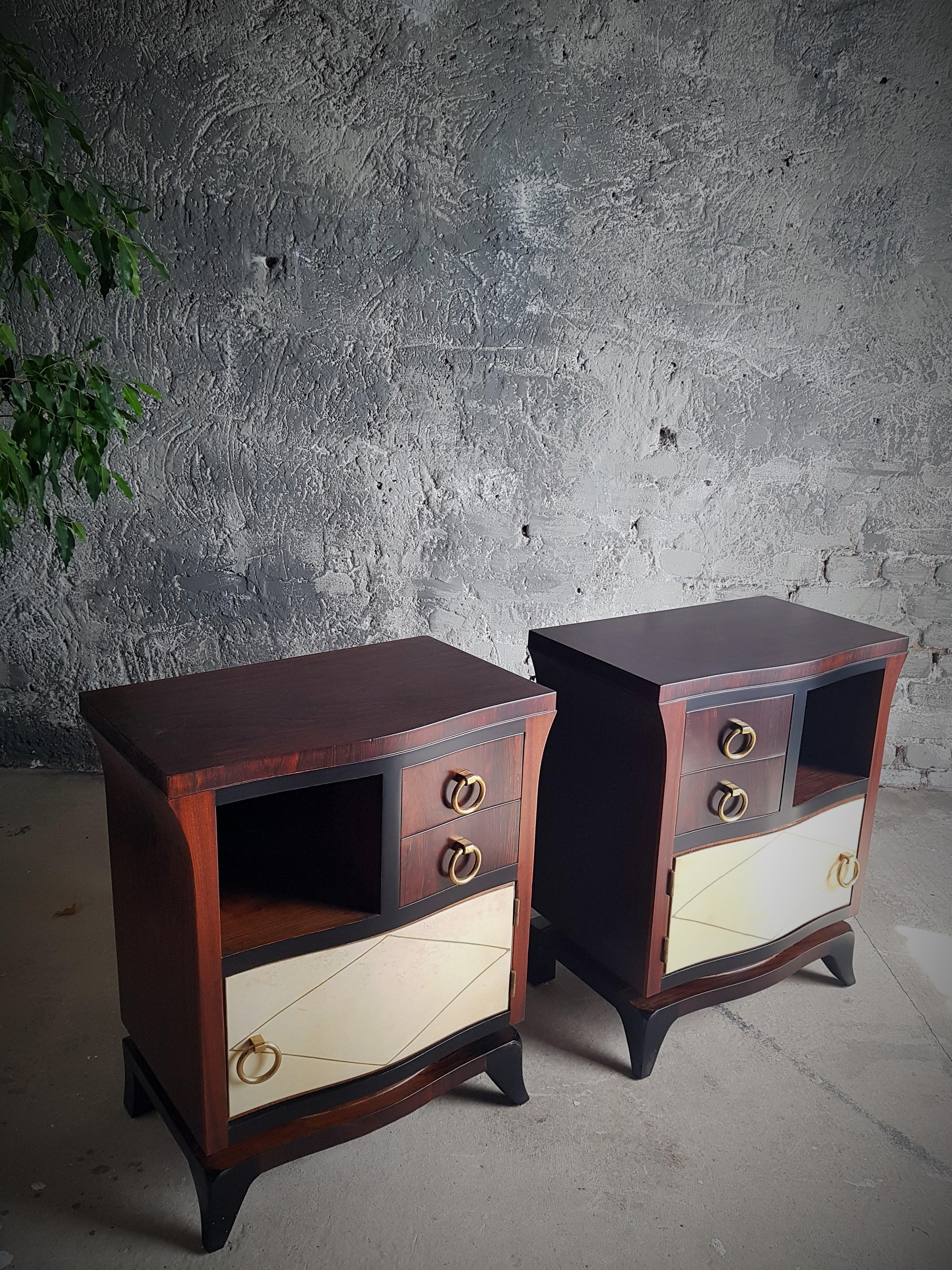 Brass Art Deco Pair of Night Stands Parchment Style Jean Pascaud, France 1935 For Sale