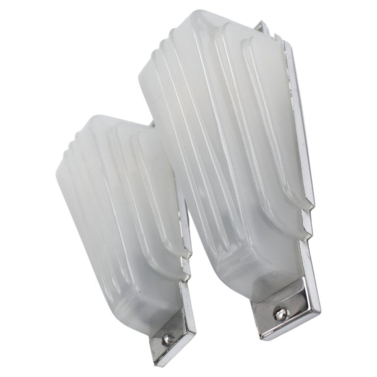 Art Deco Pair of Odeon Opaque Glass Wall Lights, Sconces, English