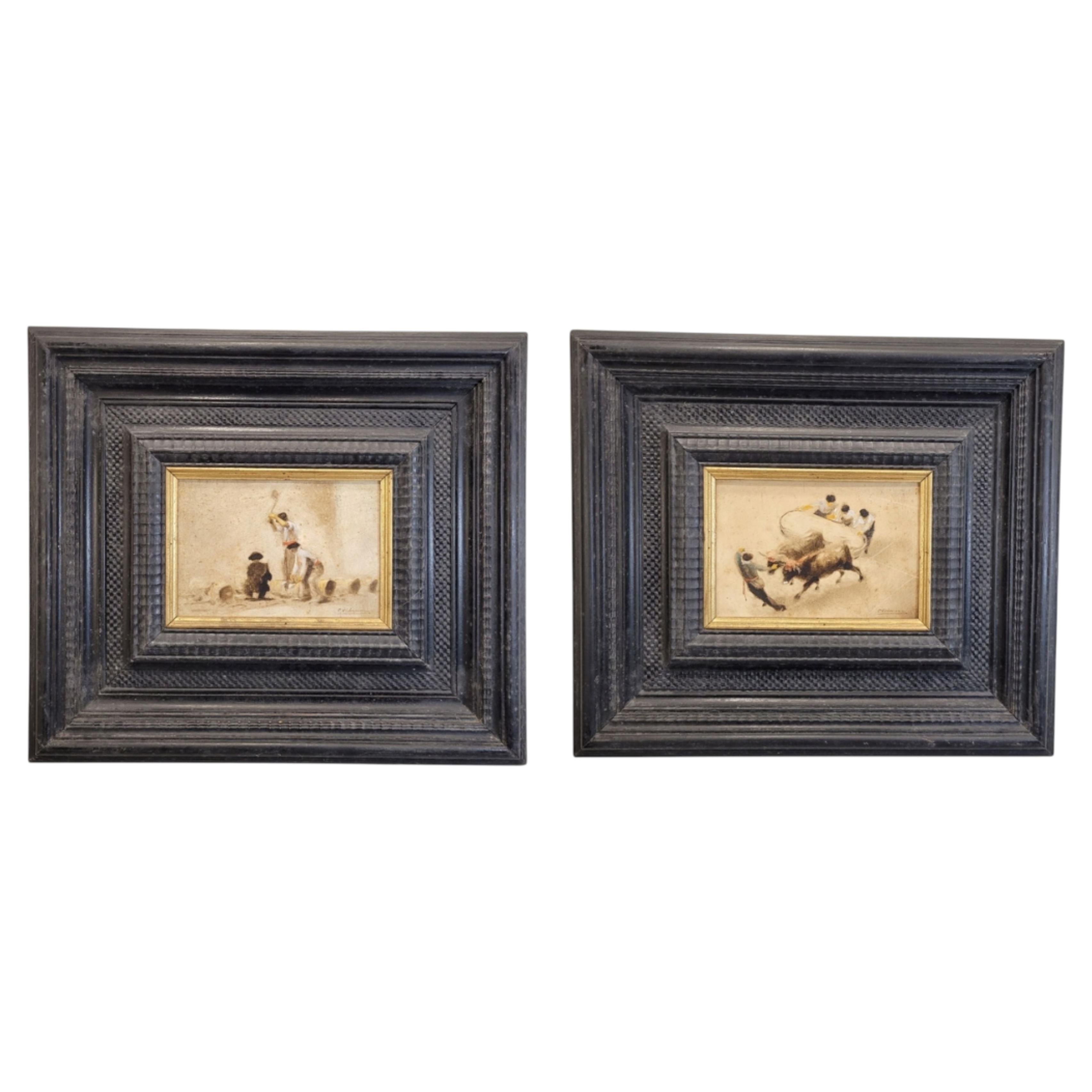 Art Deco pair of Oil on panel “Basque Customs”, C. Vidaime Spain For Sale