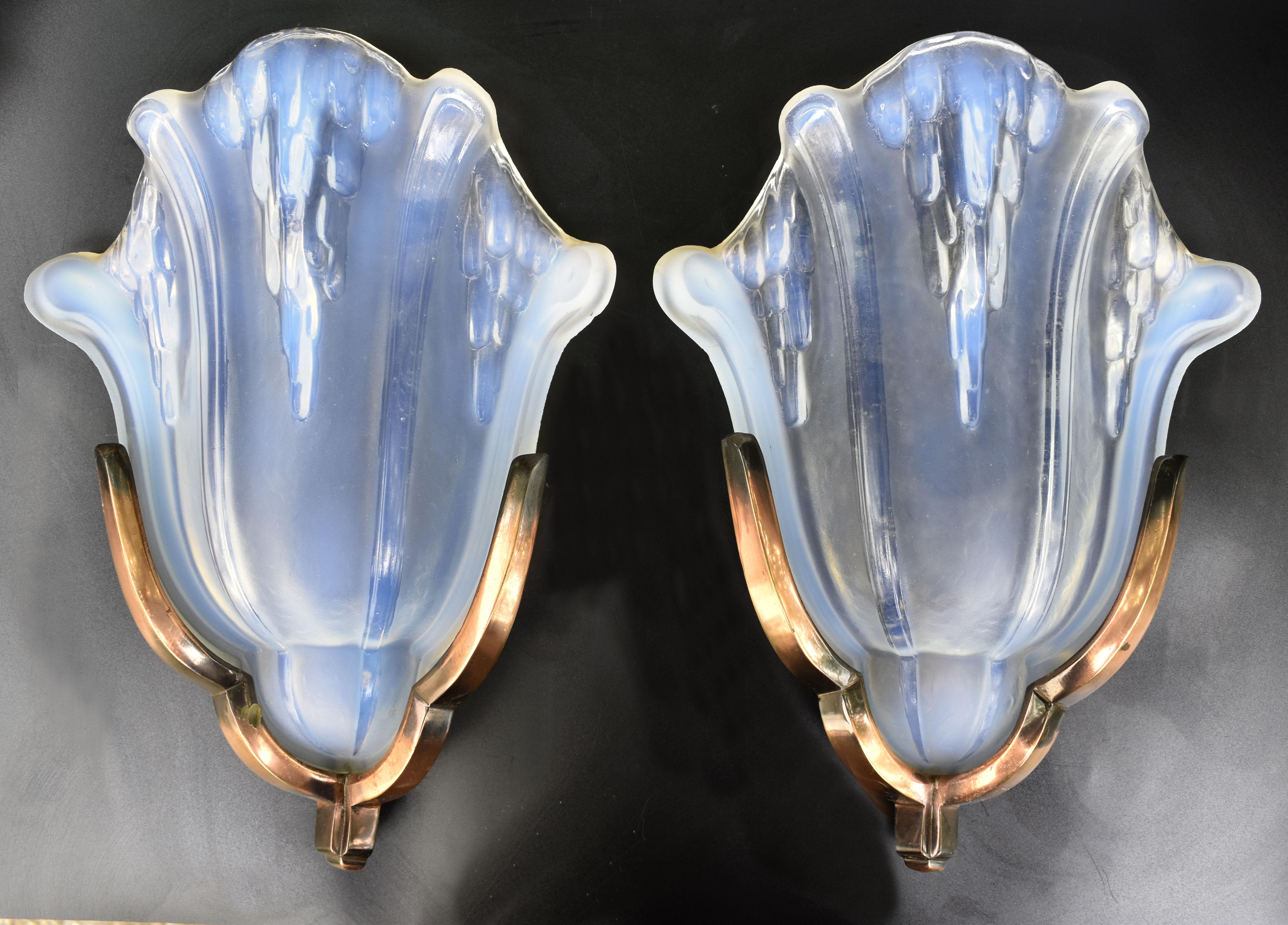 Art Deco Pair Of Opalescent Glass Wall Lights by Ezan, French, c1930 4