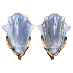 Art Deco Pair Of Opalescent Glass Wall Lights by Ezan, French, c1930