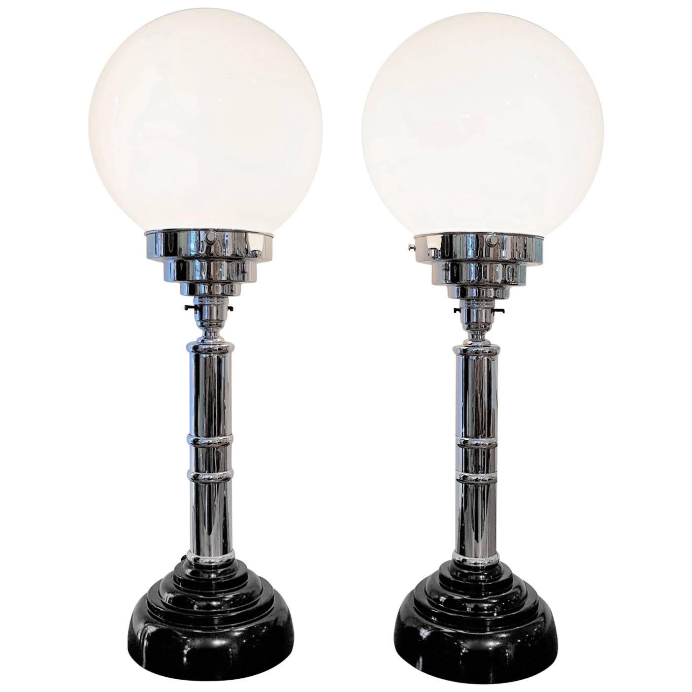 Art Deco Pair of Original Globe Table Lamps with Bakelite
