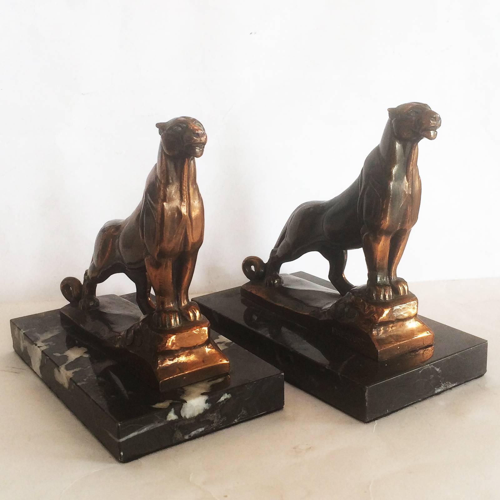 French Art Deco Pair of Panther Bookends by Frecourt
