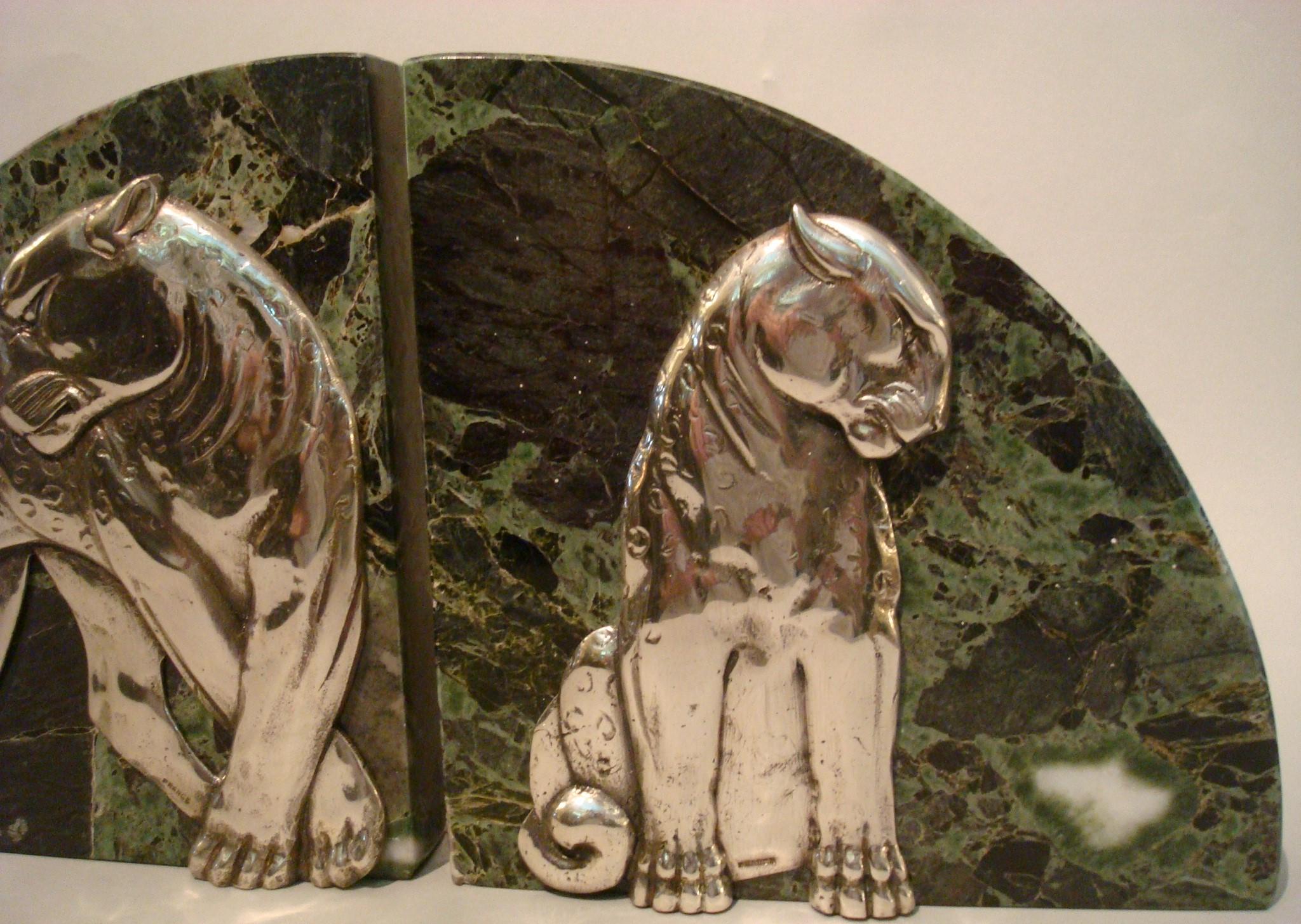 Art Deco Pair of Panther Bookends, Silvered Bronze and Marble - France, 1920s 5