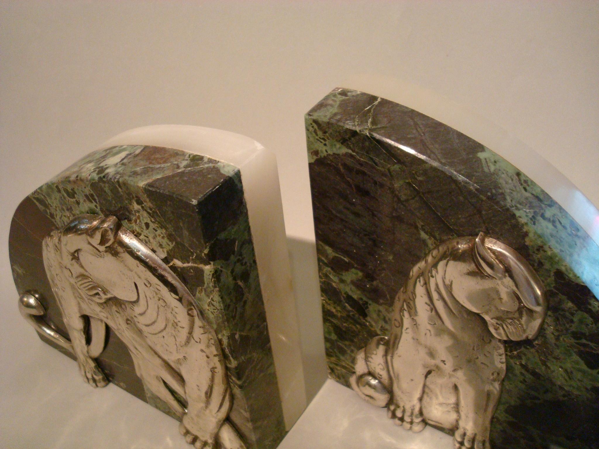 Art Deco Pair of Panther Bookends, Silvered Bronze and Marble - France, 1920s 2