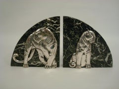 Art Deco Pair of Panther Bookends, Silvered Bronze and Marble - France, 1920s