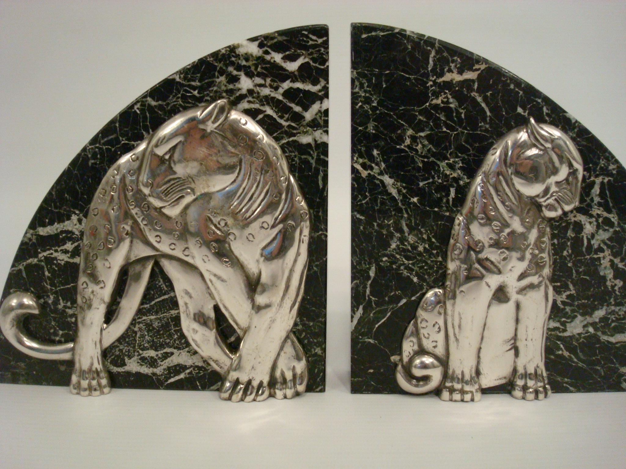 French Art Deco Pair of Panther Bookends, Silvered Bronze and Marble - France, 1920s