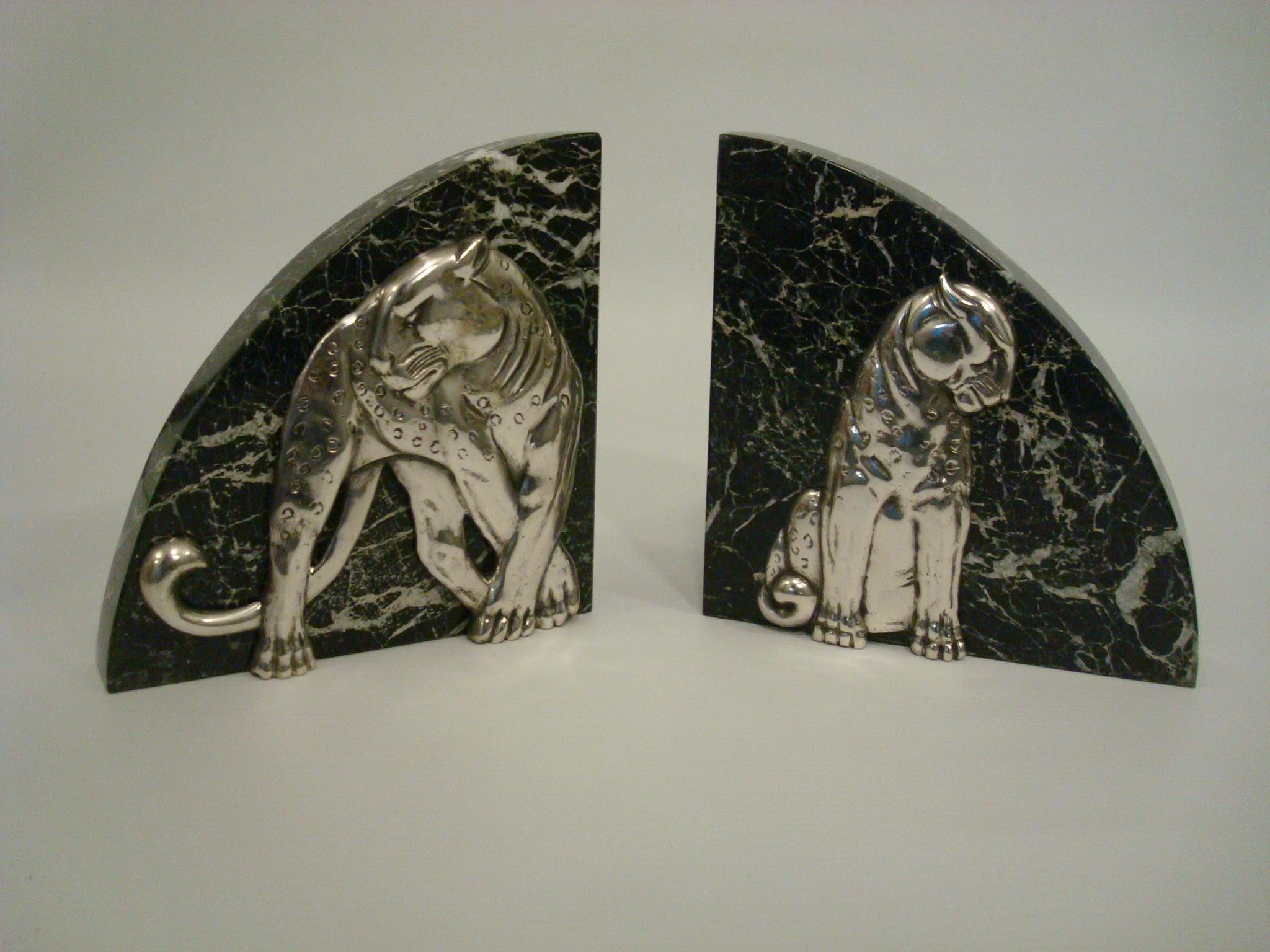 Art Deco Pair of Panther Bookends, Silvered Bronze and Marble - France, 1920s 2