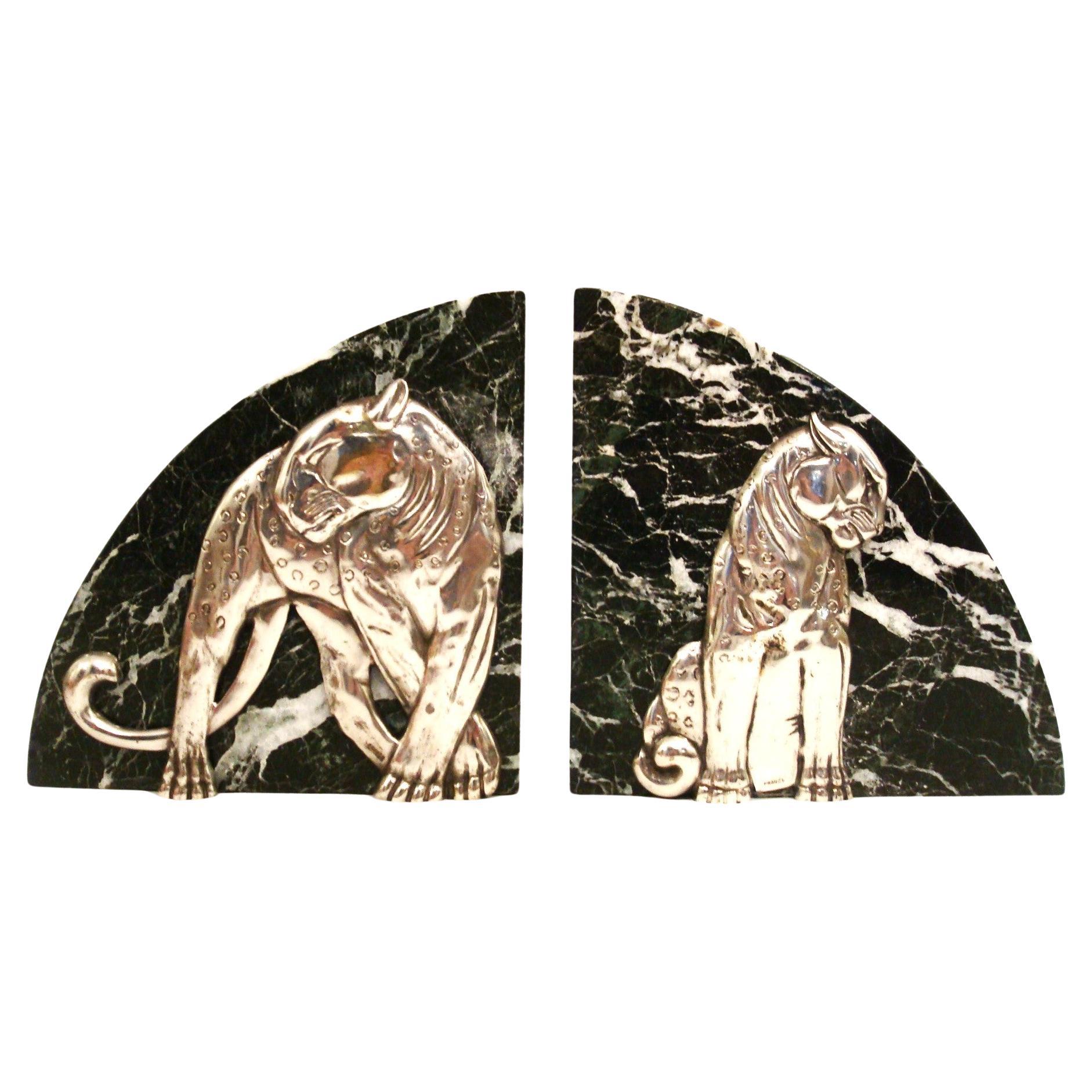Art Deco Pair of Panther Bookends, Silvered Bronze and Marble - France, 1920s