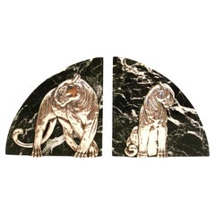 Art Deco Pair of Panther Bookends, Silvered Bronze and Marble - France, 1920s