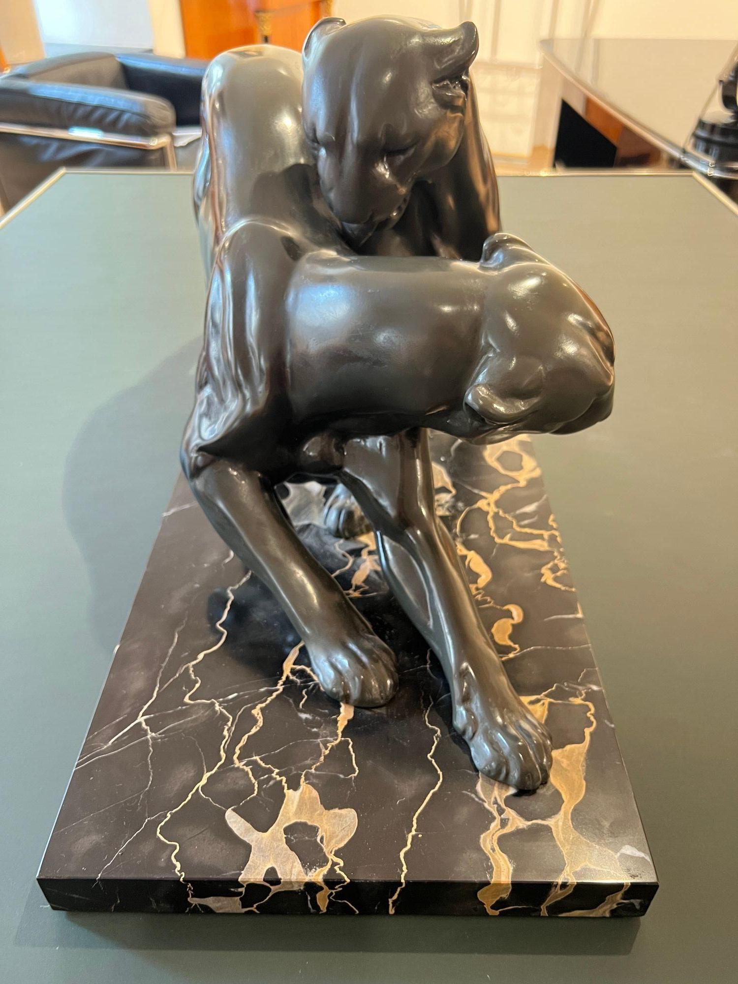 Art Deco Pair of Panthers, Signed Plagnet, Spelter, Marble, France circa 1930 For Sale 4