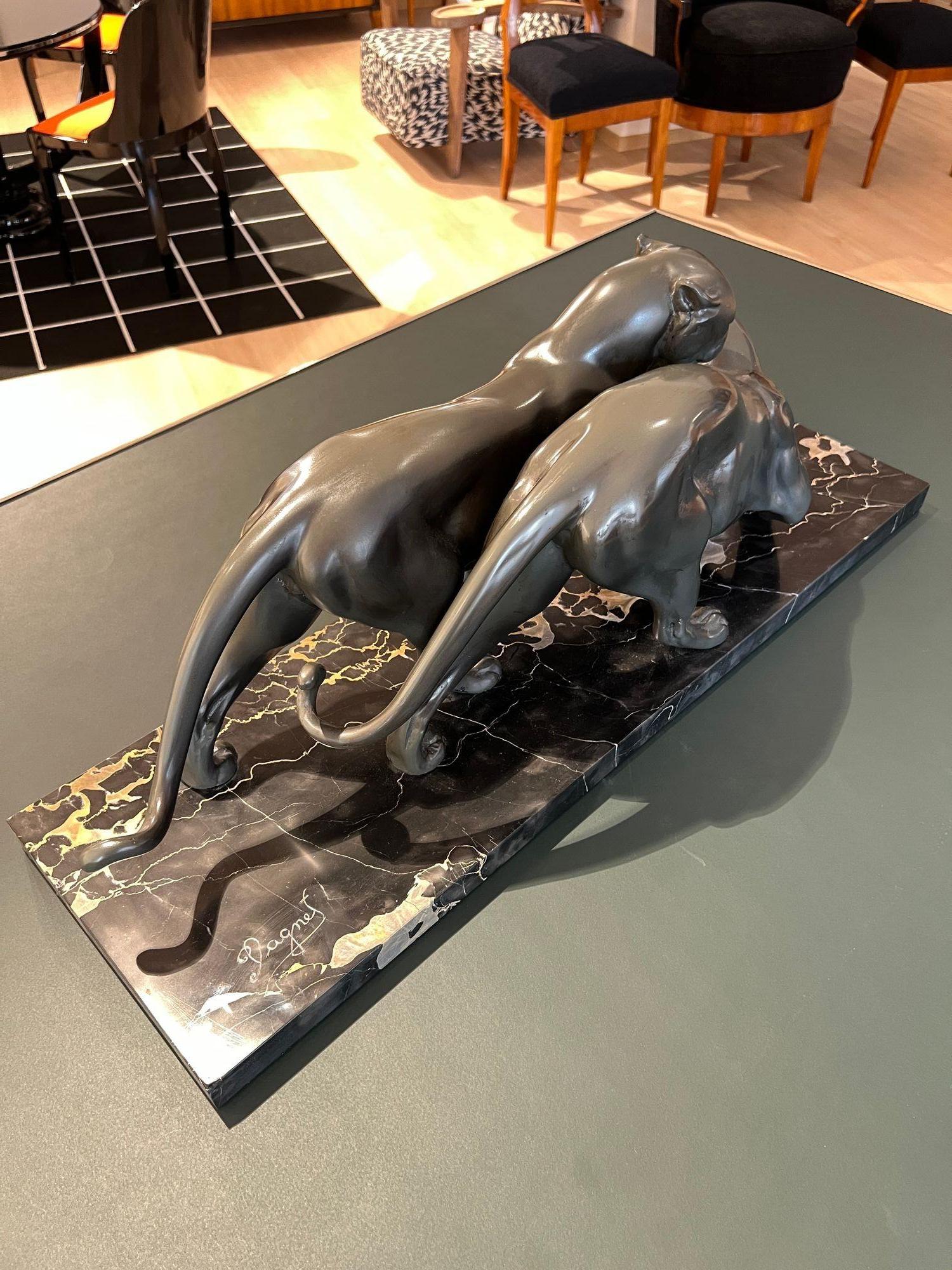 Art Deco Pair of Panthers, Signed Plagnet, Spelter, Marble, France circa 1930 For Sale 5