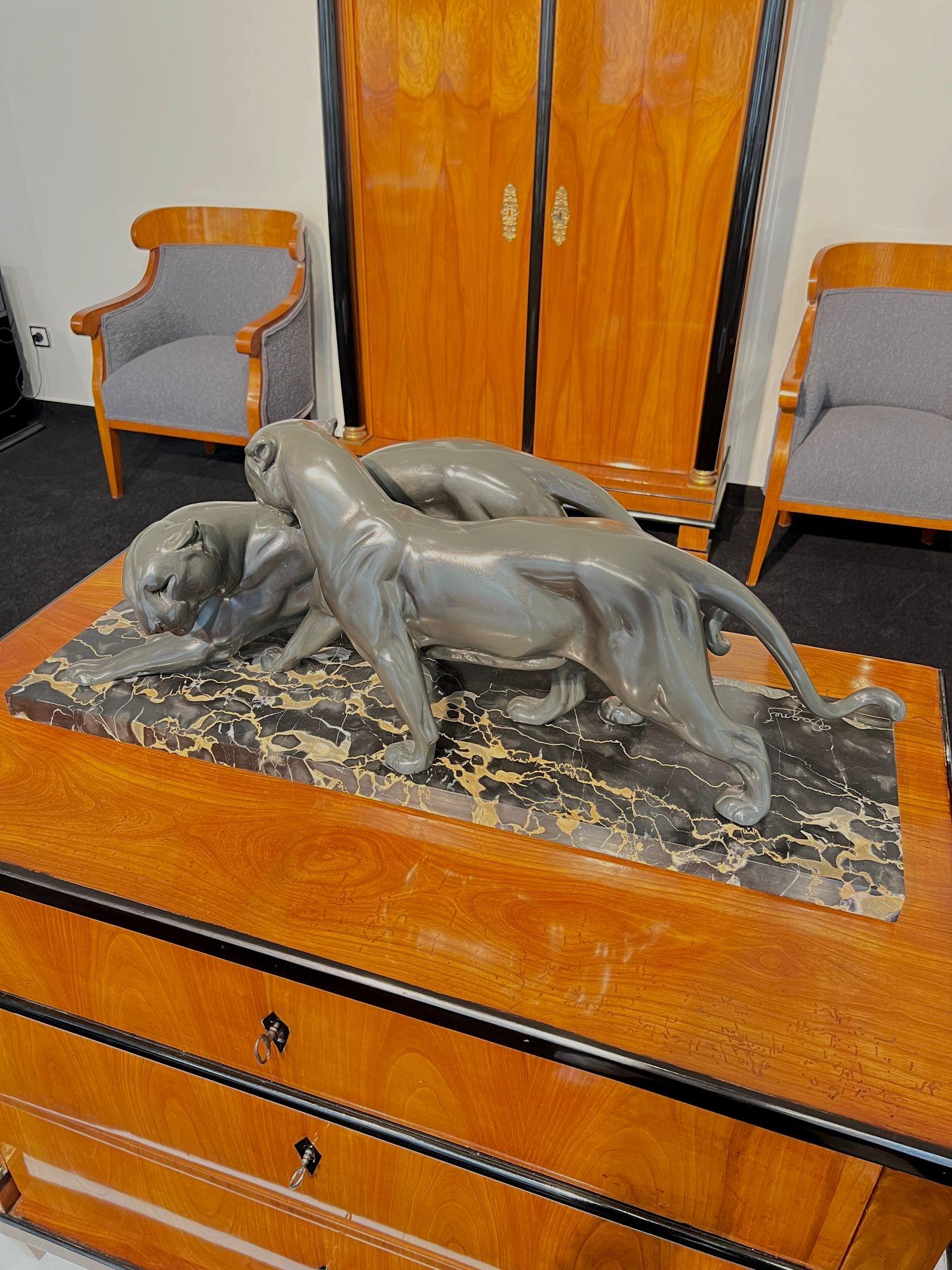 Art Deco Pair of Panthers, Signed Plagnet, Spelter, Marble, France circa 1930 For Sale 8
