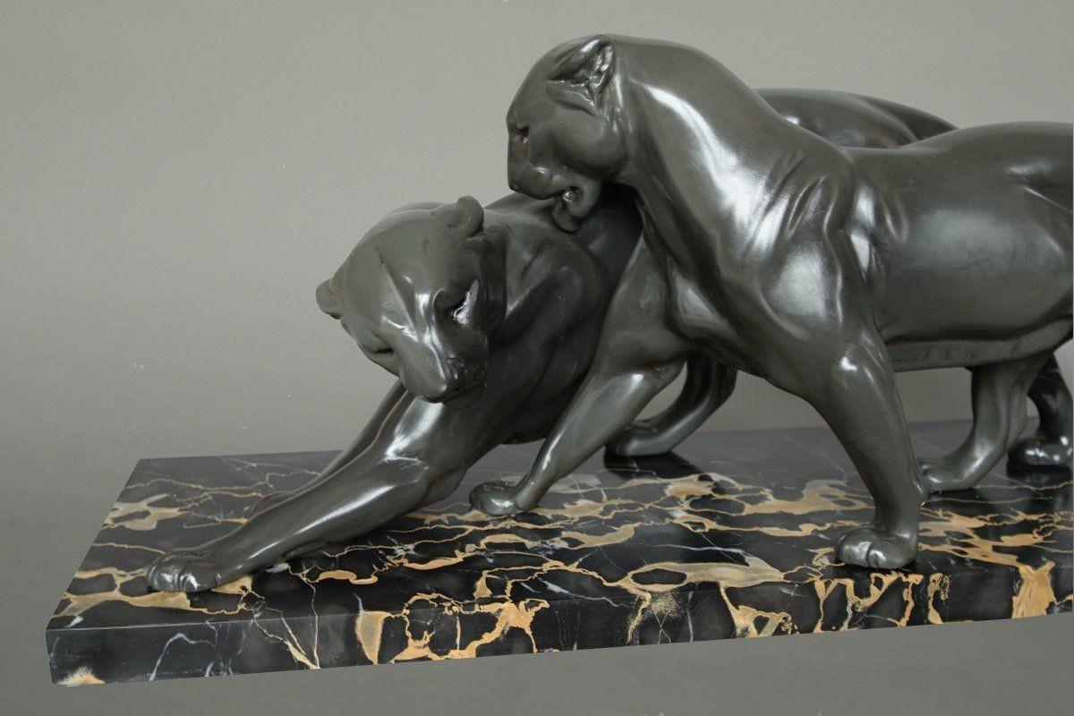 French Art Deco Pair of Panthers, Signed Plagnet, Spelter, Marble, France circa 1930 For Sale