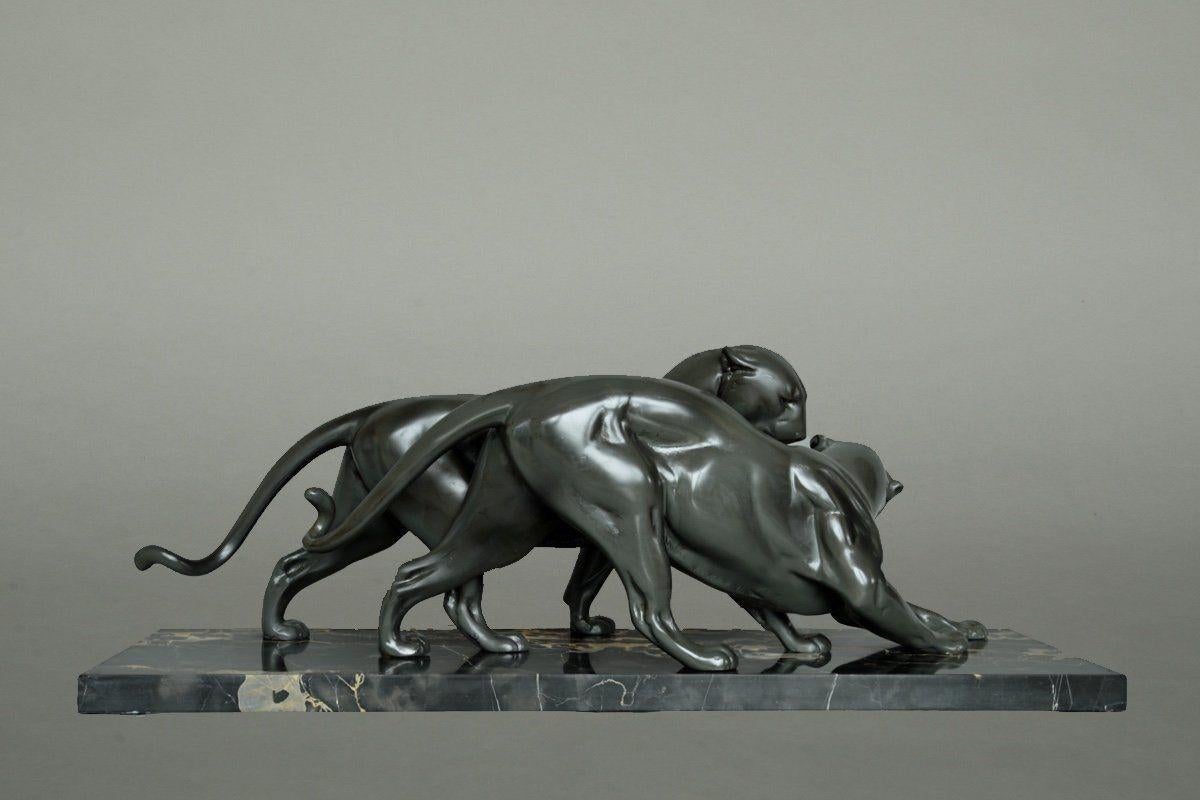 Art Deco Pair of Panthers, Signed Plagnet, Spelter, Marble, France circa 1930 In Good Condition For Sale In Regensburg, DE