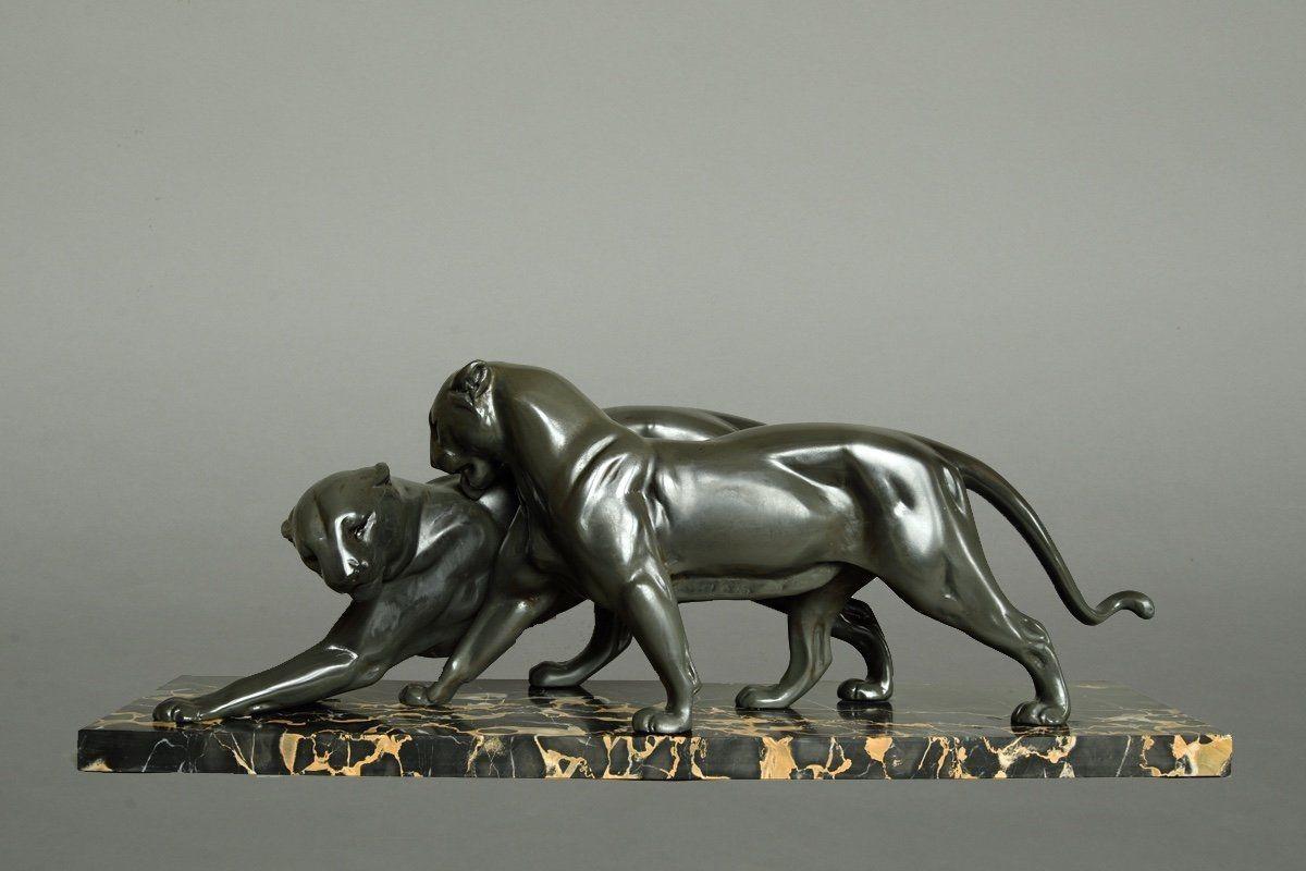 Zinc Art Deco Pair of Panthers, Signed Plagnet, Spelter, Marble, France circa 1930 For Sale