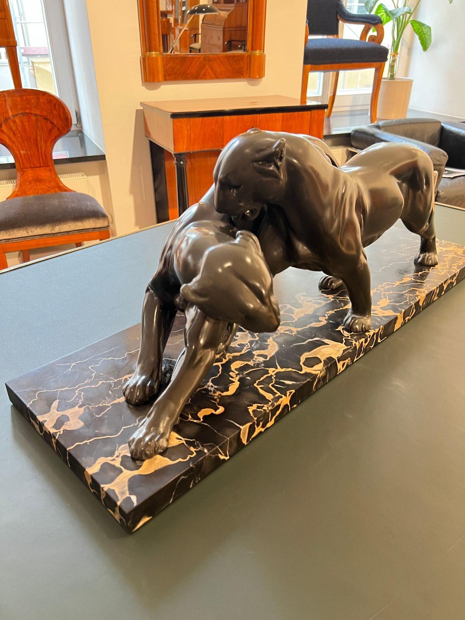 Art Deco Pair of Panthers, Signed Plagnet, Spelter, Marble, France circa 1930 For Sale 3