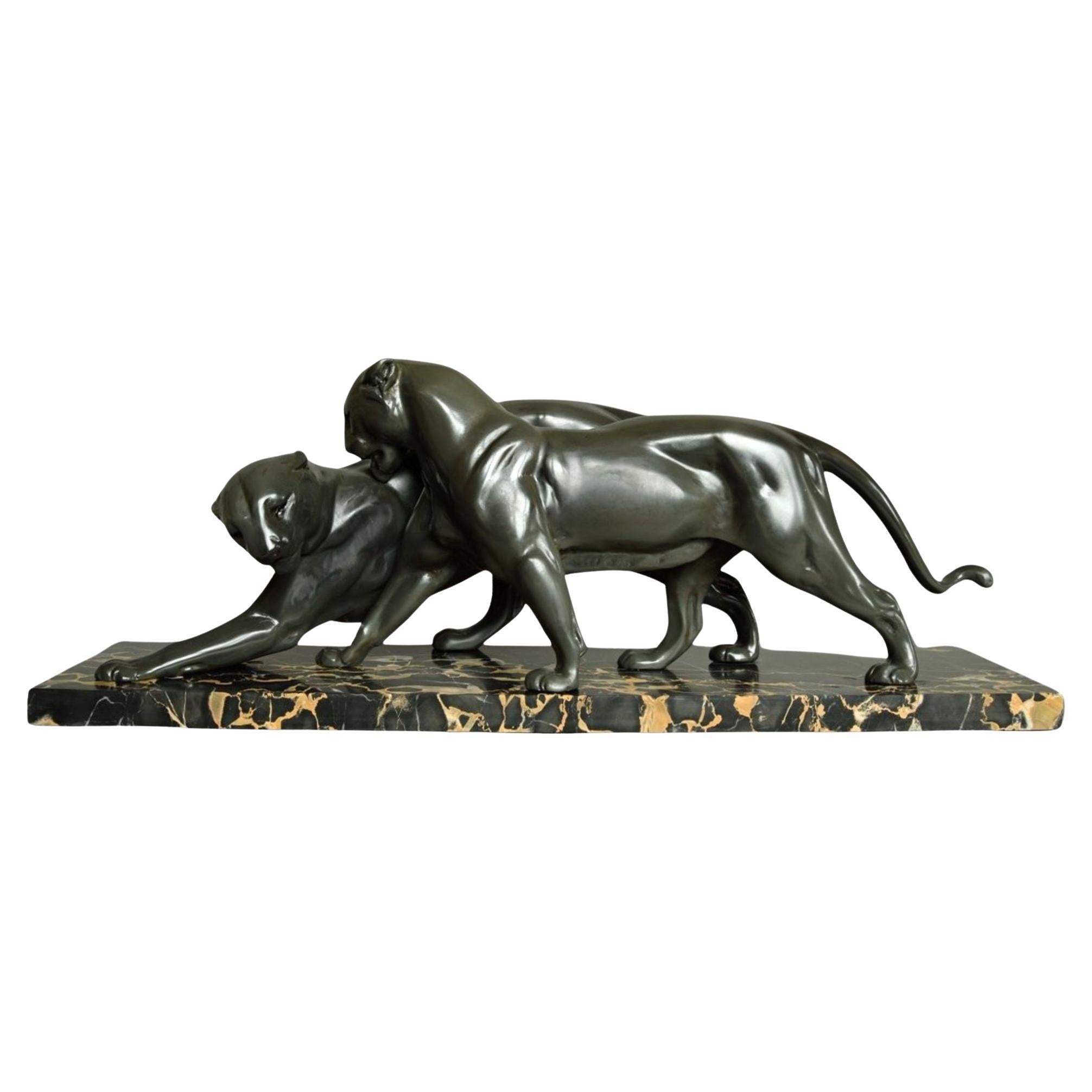 Art Deco Pair of Panthers, Signed Plagnet, Spelter, Marble, France circa 1930