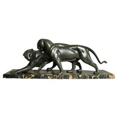Art Deco Pair of Panthers, Signed Plagnet, Spelter, Marble, France circa 1930