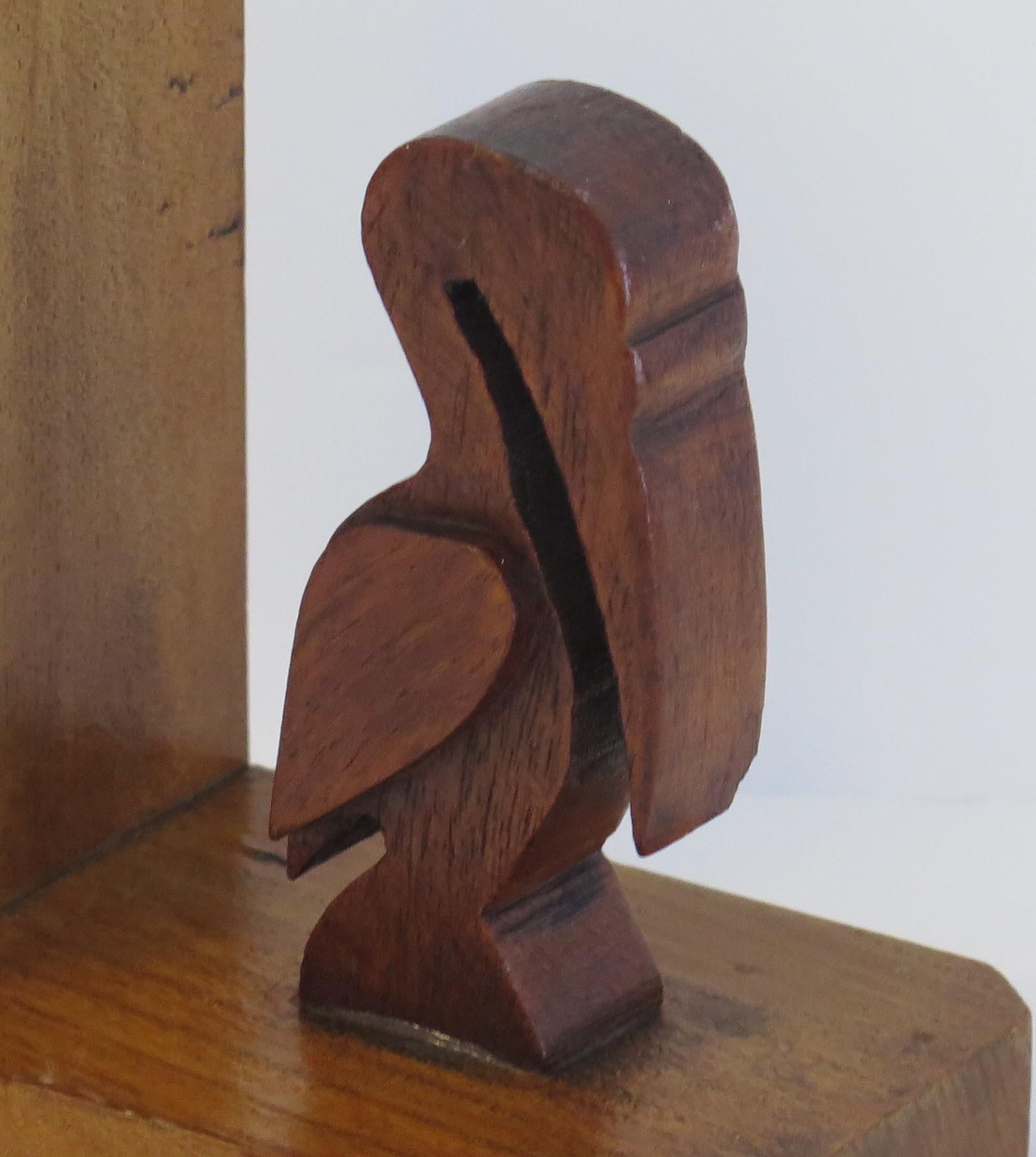 Art Deco Pair of Pelican Figure Bookends in Hand Carved Woods, circa 1930 For Sale 2