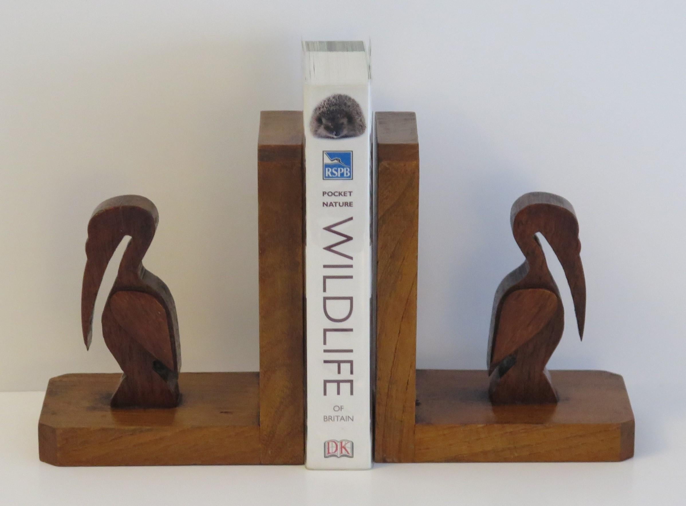 Art Deco Pair of Pelican Figure Bookends in Hand Carved Woods, circa 1930 For Sale 5