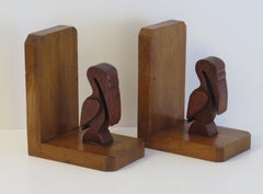 Art Deco PAIR of Pelican Figure Bookends in Hand Carved Woods, circa 1930