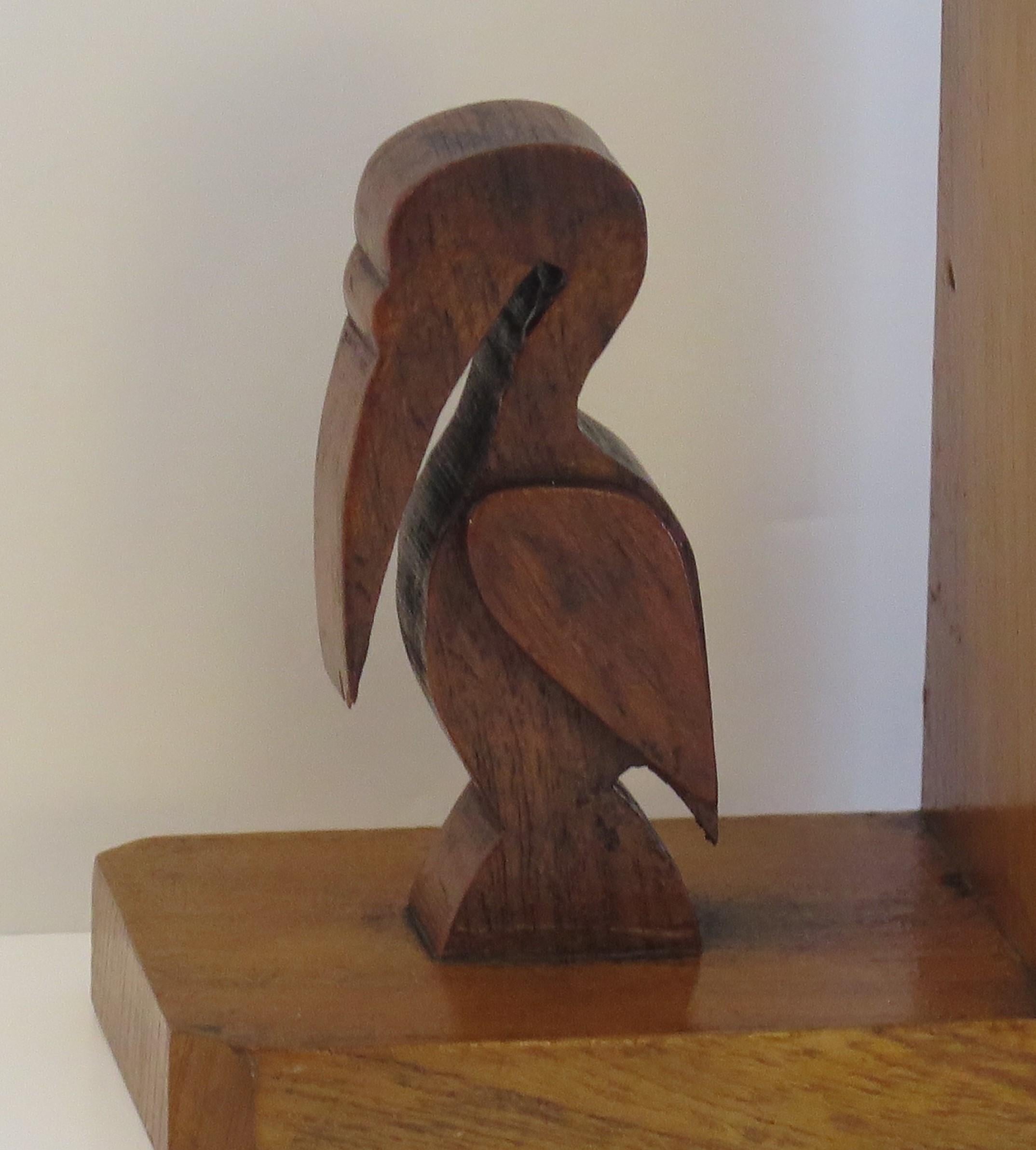 Hardwood Art Deco Pair of Pelican Figure Bookends in Hand Carved Woods, circa 1930 For Sale