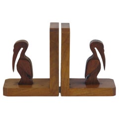 Antique Art Deco Pair of Pelican Figure Bookends in Hand Carved Woods, circa 1930