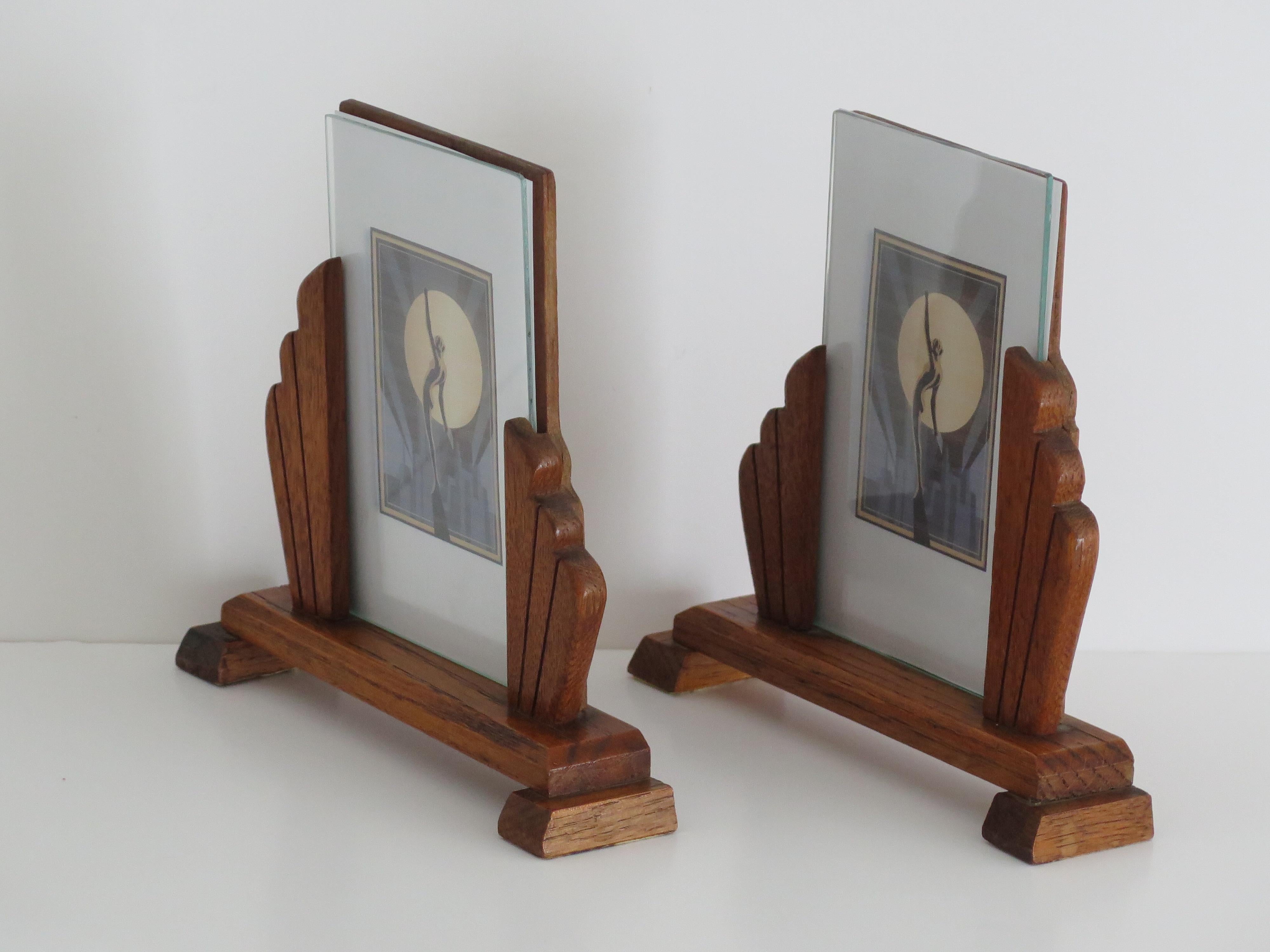 English Art Deco PAIR of Period Photo Frames Handmade in Oak with Fan Sides, circa 1930 For Sale