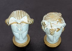 Art Deco Pair of Plaster Greek Women Faces Table Sculptures Blue Gold, 1930s