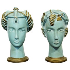 Art Deco Pair of Plaster Greek Women Faces Table Sculptures Blue Gold, 1930s