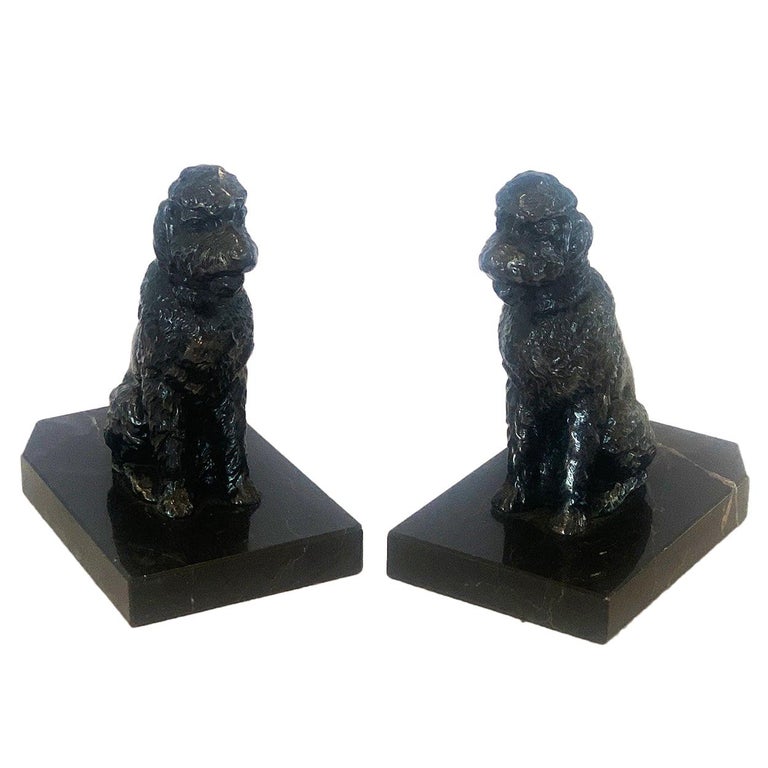 Art Deco Pair of Poodle Bookends on Marble Bases For Sale