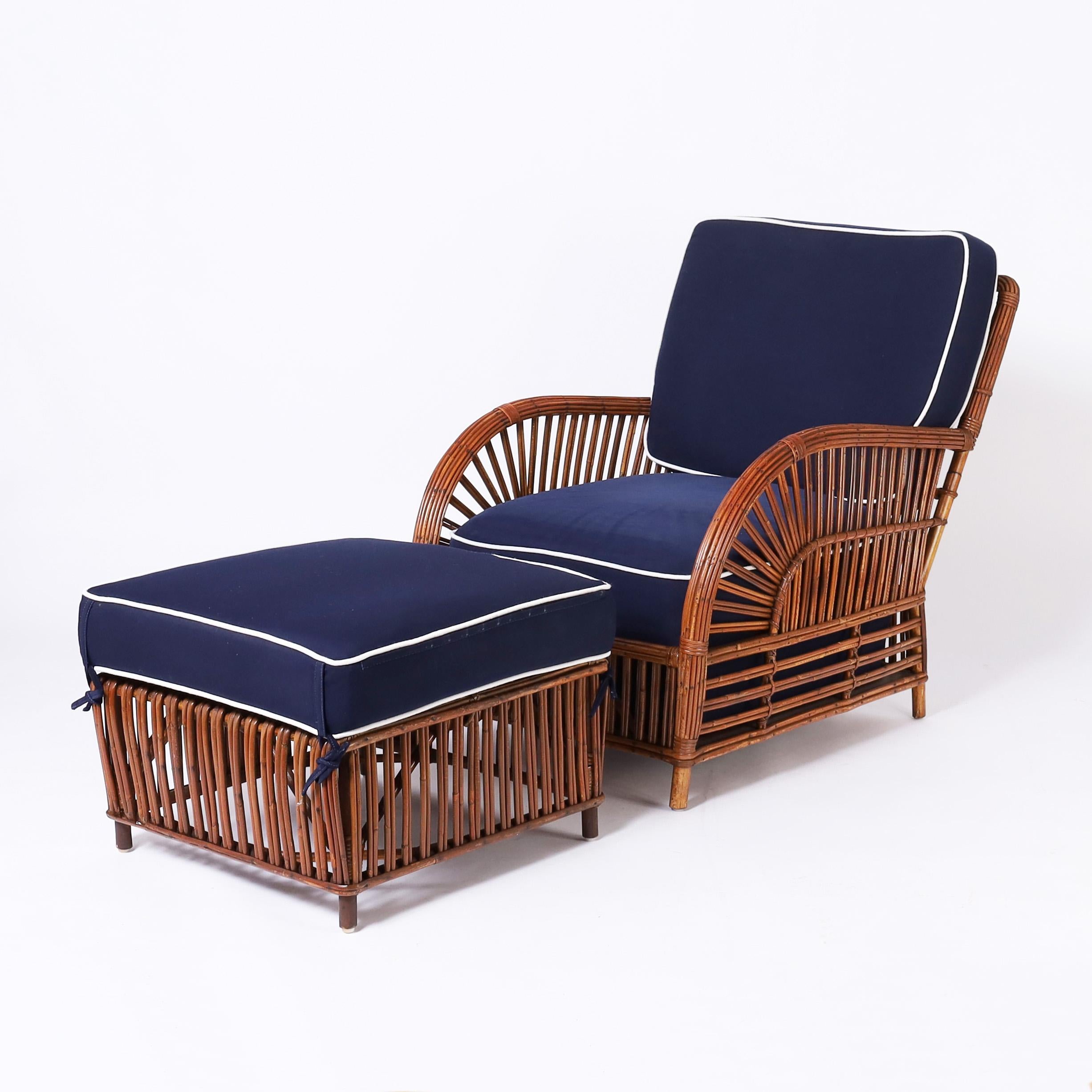 American Art Deco Pair of Rattan Resort Style Lounge Chairs and Ottomans