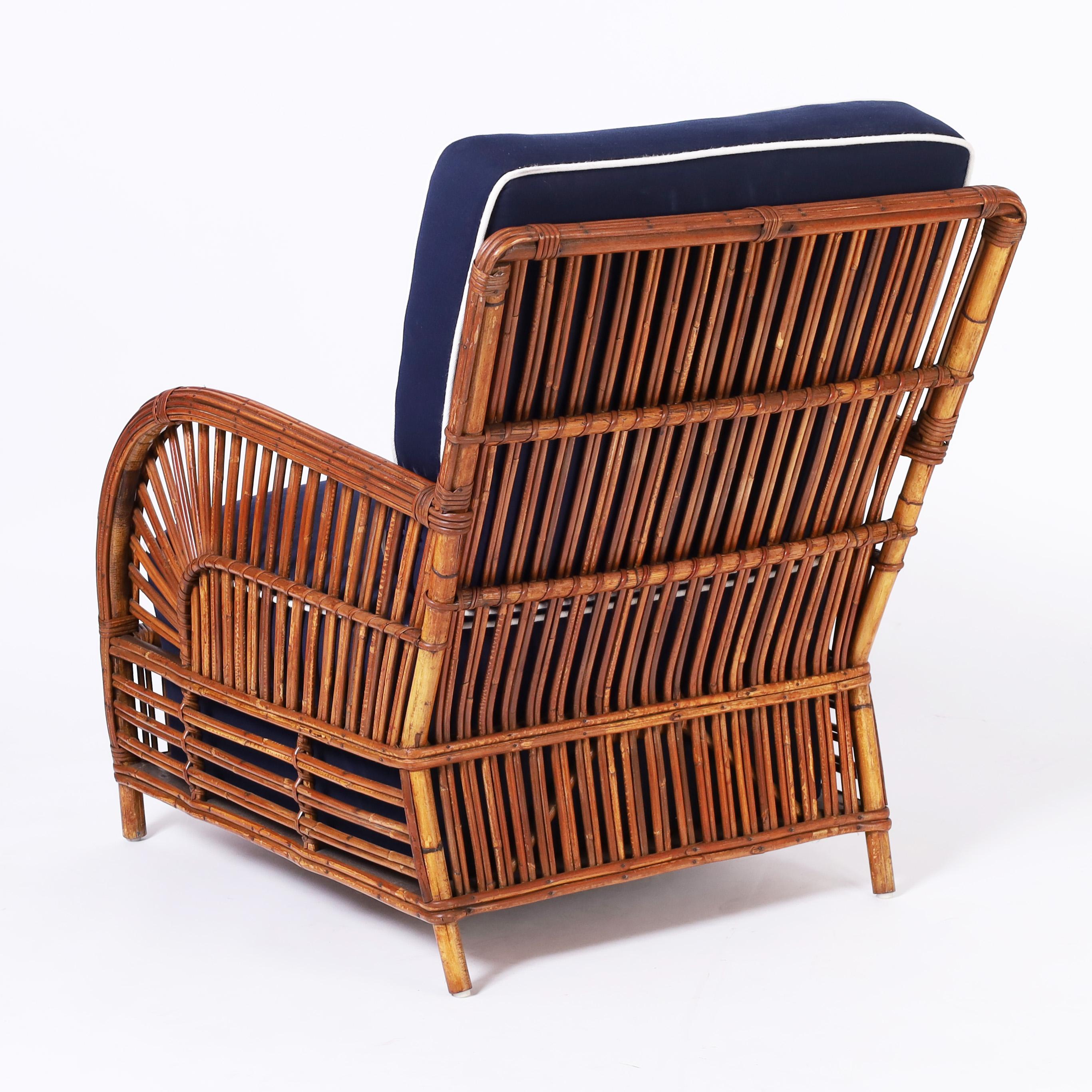 20th Century Art Deco Pair of Rattan Resort Style Lounge Chairs and Ottomans