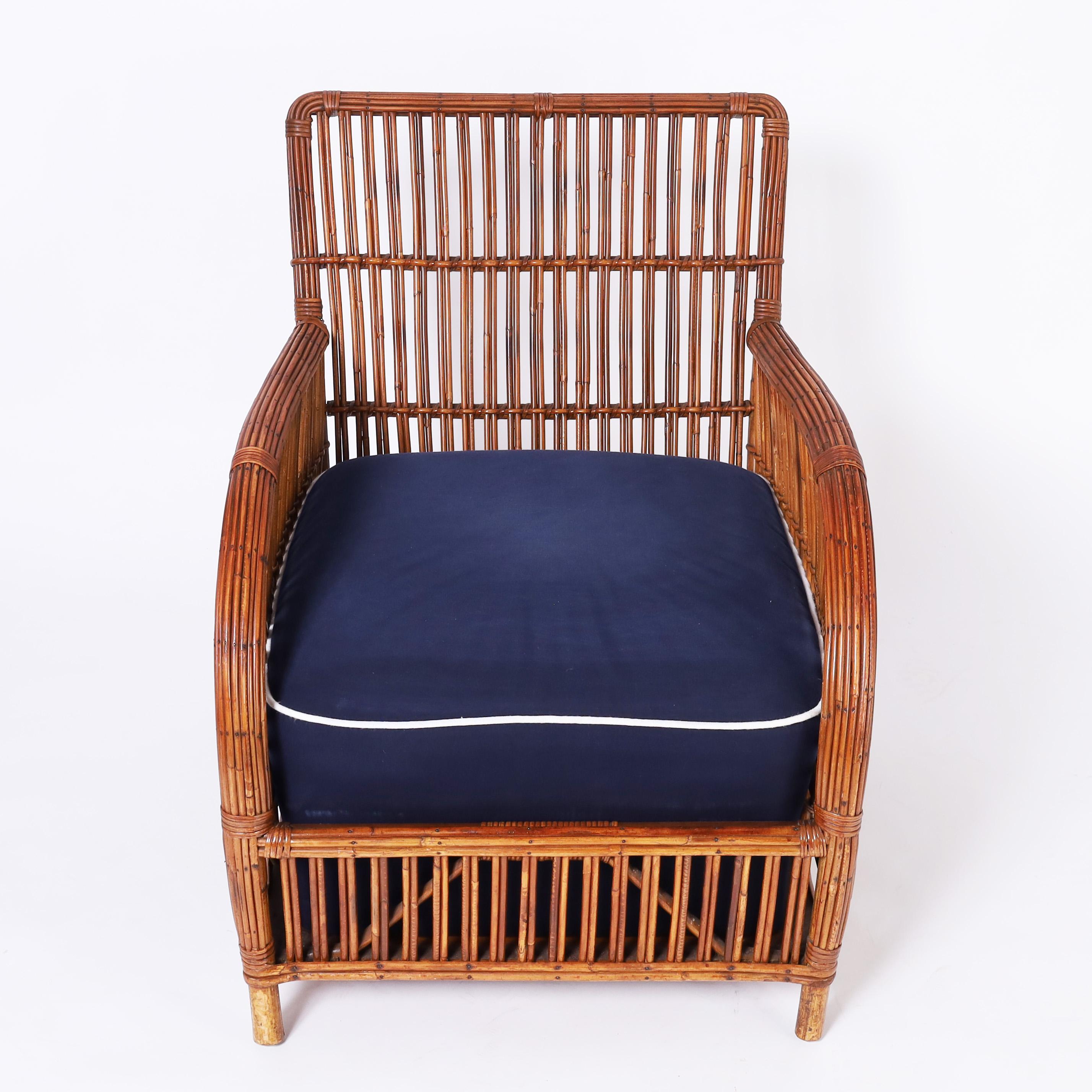 Art Deco Pair of Rattan Resort Style Lounge Chairs and Ottomans 2