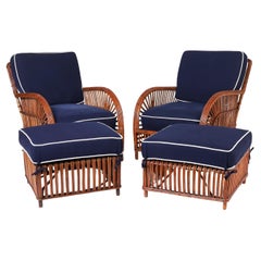 Antique Art Deco Pair of Rattan Resort Style Lounge Chairs and Ottomans