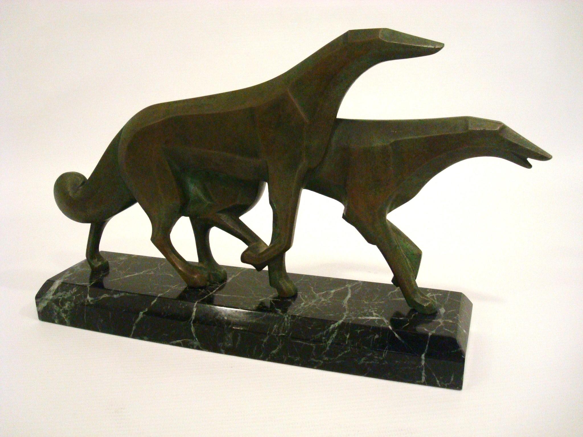 Mid-Century Modern Art Deco Pair of Russian Borzoi Bronze sculpture. P. Rossi Italy 1950´s For Sale