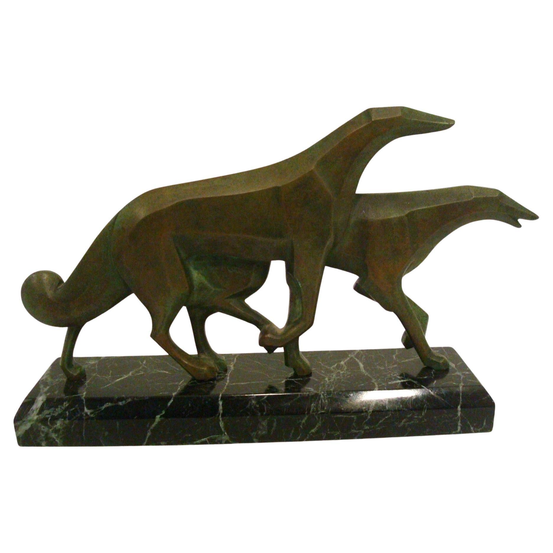 Art Deco Pair of Russian Borzoi Bronze sculpture. P. Rossi Italy 1950´s For Sale