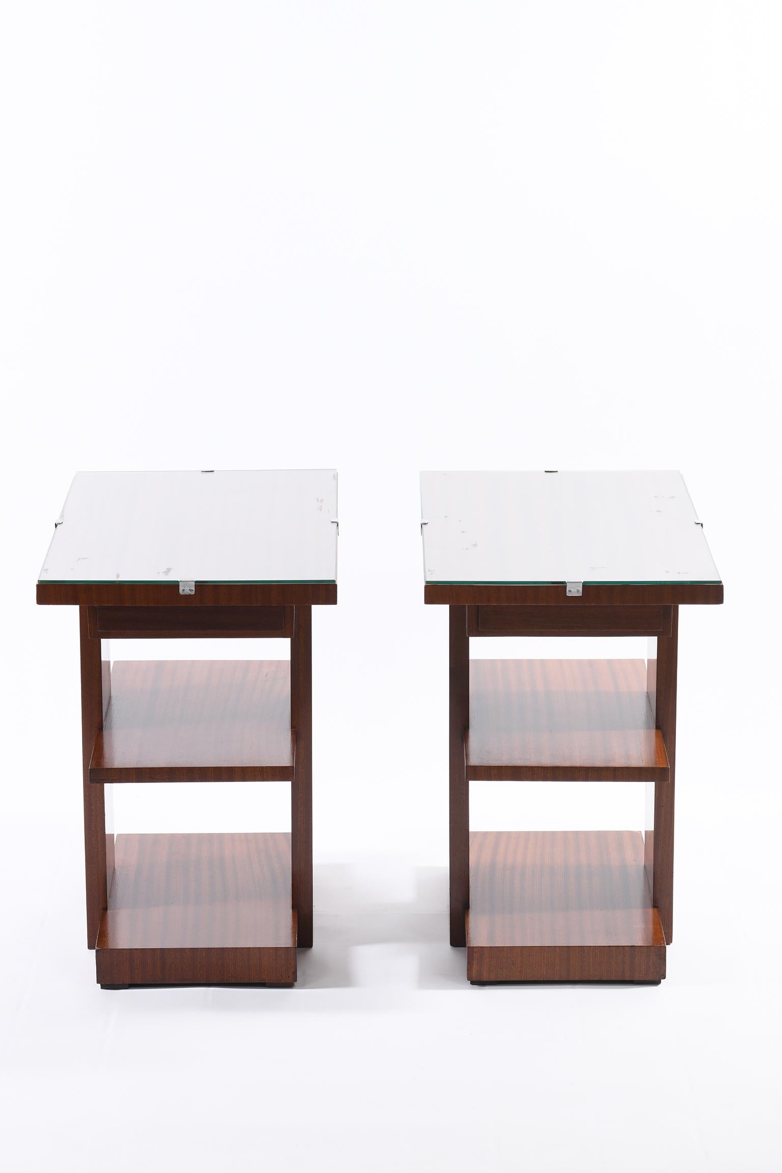 Wood Art Deco Pair of Side Table or Nightstands with a Drawer and Shelves