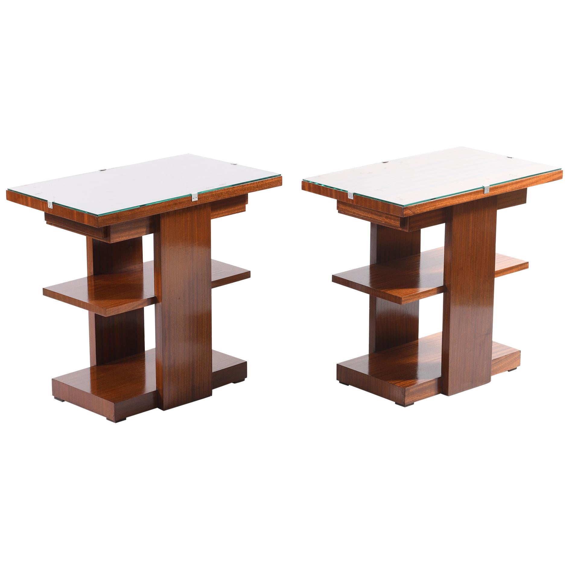 Art Deco Pair of Side Table or Nightstands with a Drawer and Shelves
