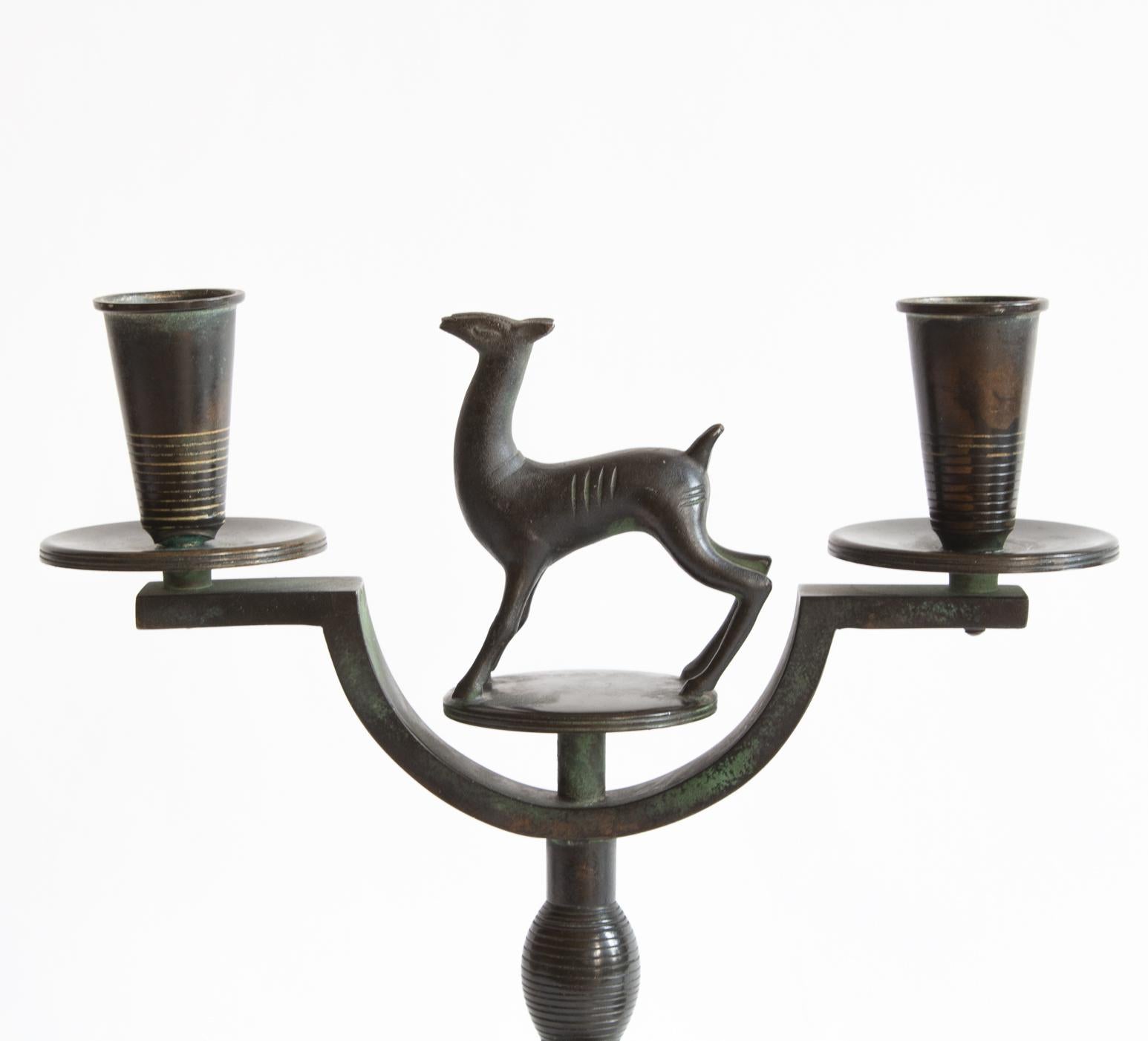Molded Art Deco Pair of Signed Swedish Modern Candelabras by Nils Fougstedt in Bronze