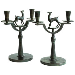 Art Deco Pair of Signed Swedish Modern Candelabras by Nils Fougstedt in Bronze