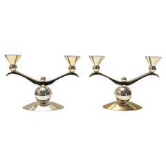 Pareja de candelabros de metal plateado y dorado Art Déco, Italia Años 80