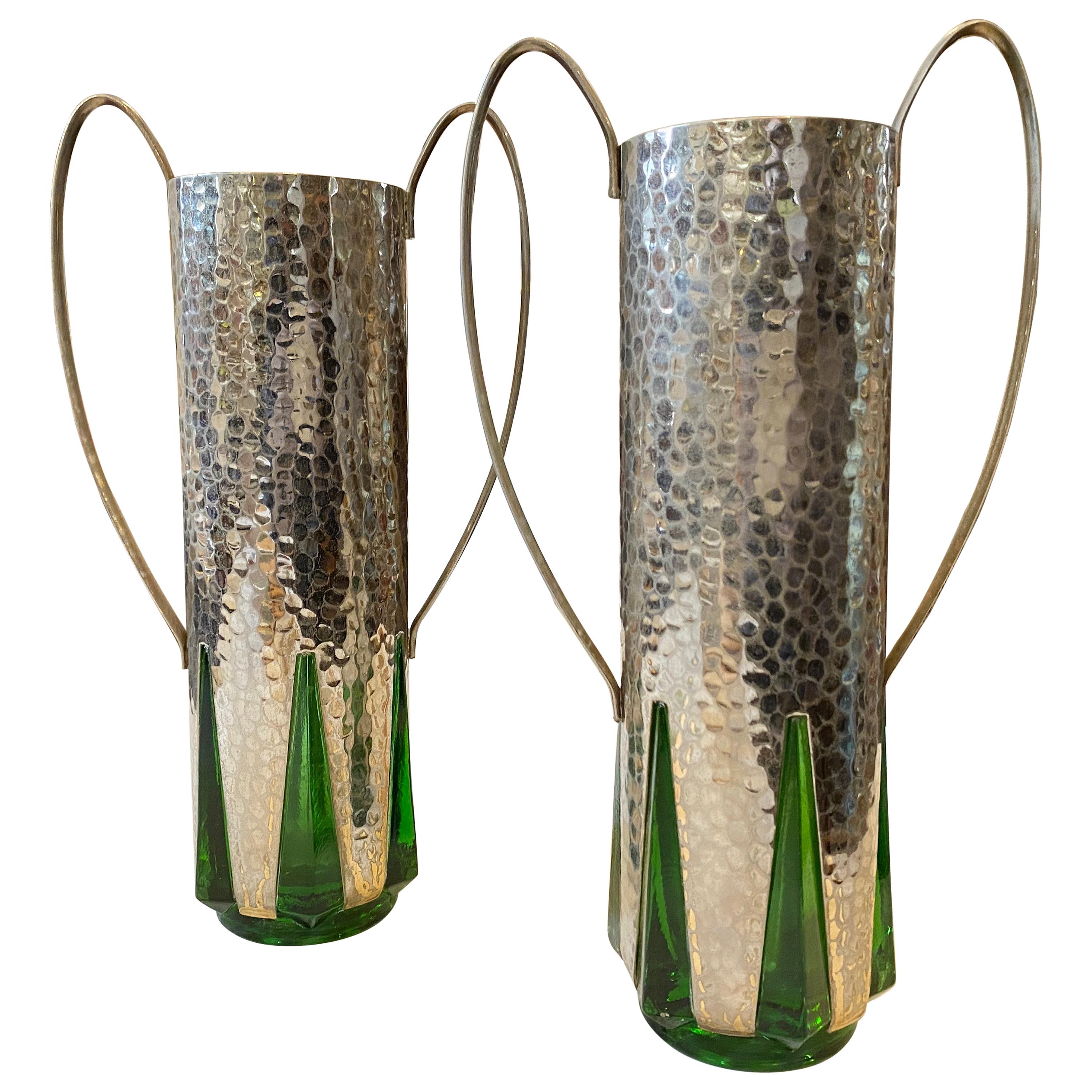 Art Deco Pair of Silver Plate and Green Glass English Vases, circa 1930