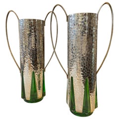 Art Deco Pair of Silver Plate and Green Glass English Vases, circa 1930