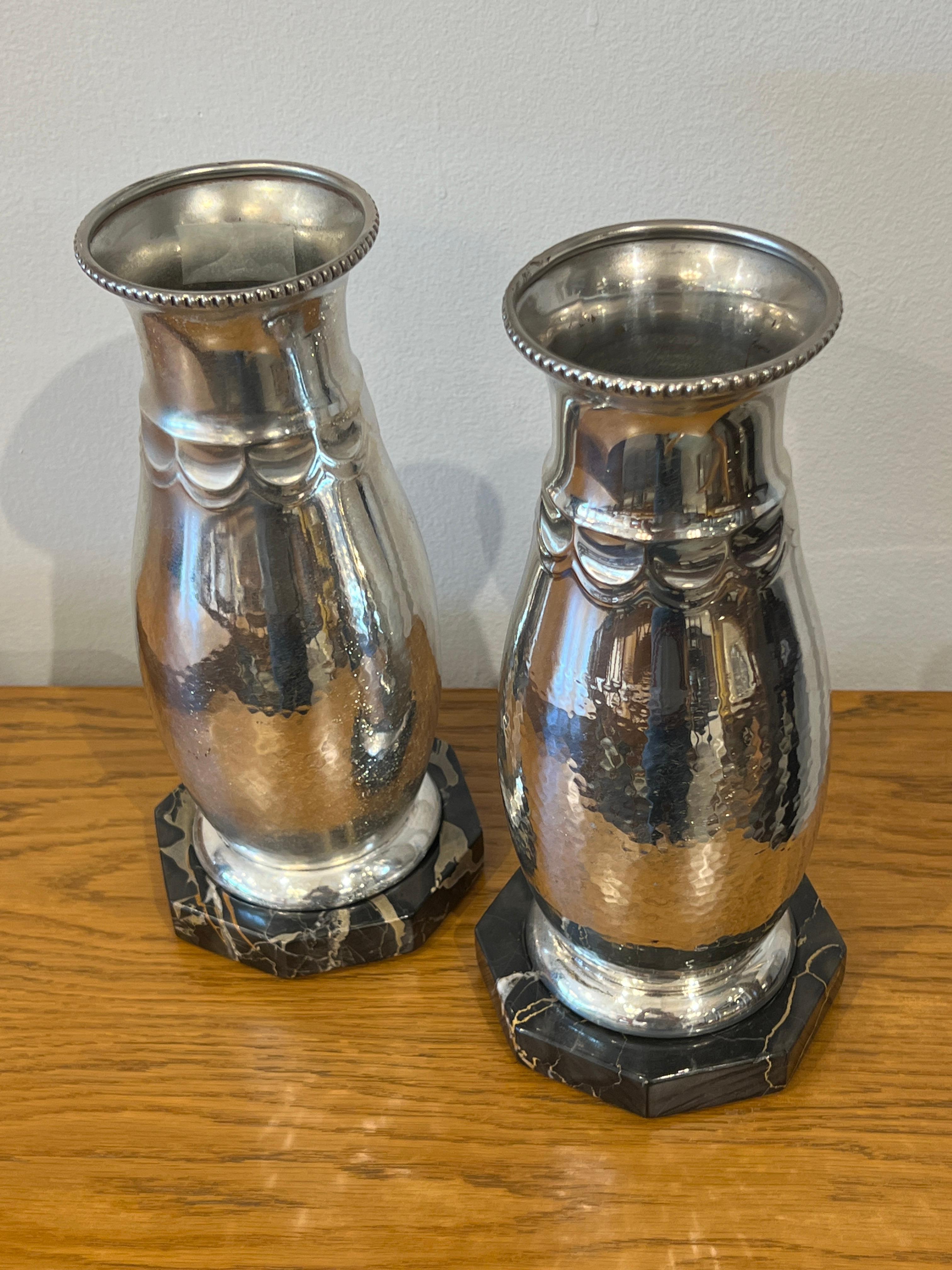 German Art Deco Pair of Silver Plated and Portoro Marble Bases For Sale