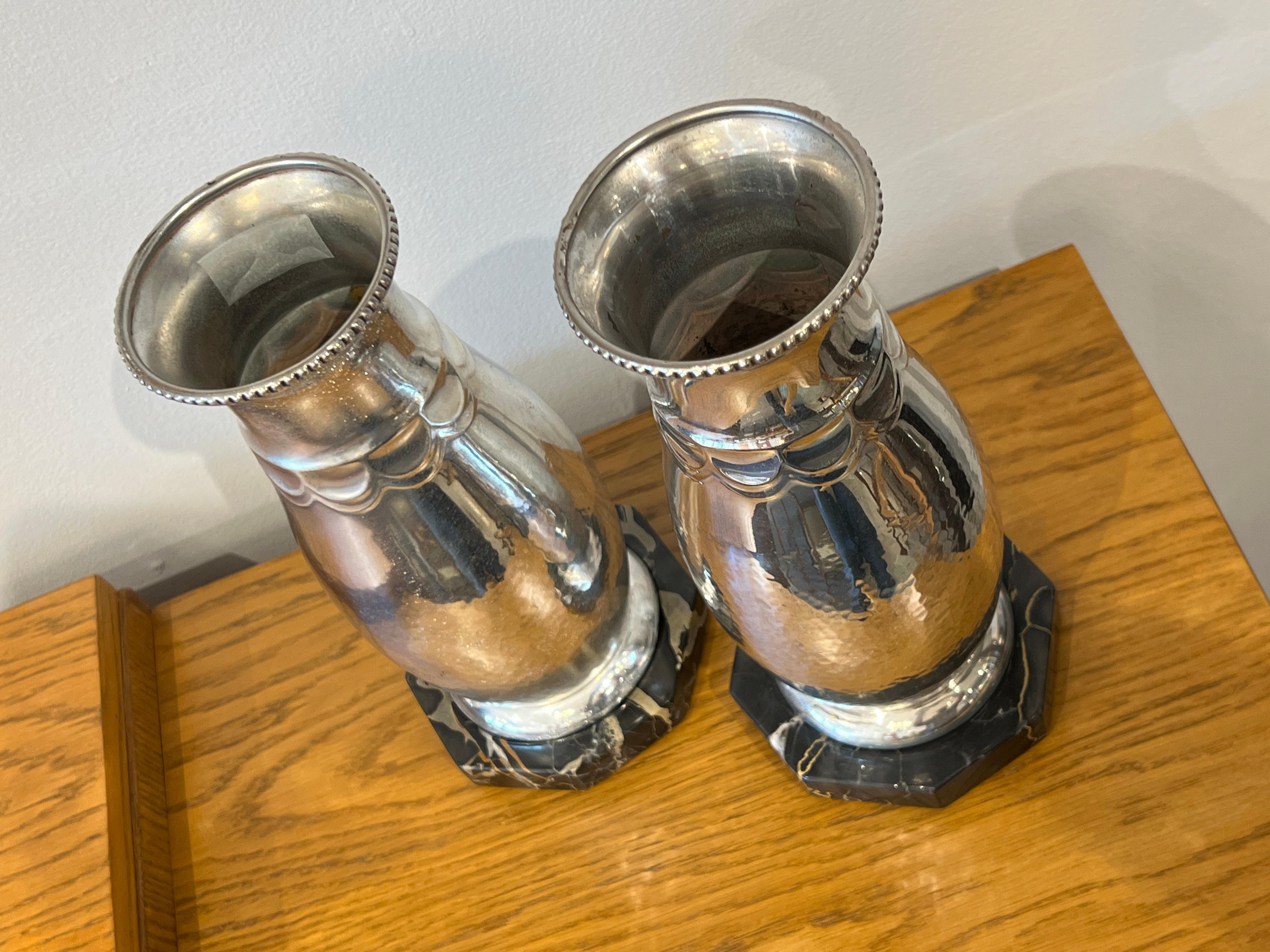20th Century Art Deco Pair of Silver Plated and Portoro Marble Bases For Sale