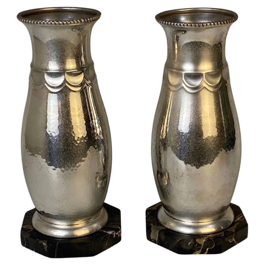 Art Deco Pair of Silver Plated and Portoro Marble Bases