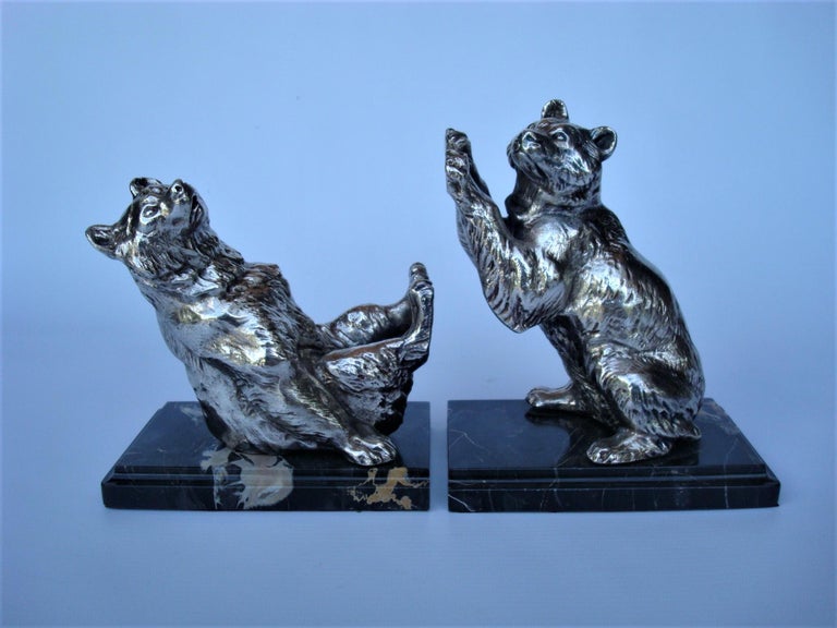 Art Deco Pair of Silvered Metal Playing Bears Bookends, France, 1920's For Sale 8