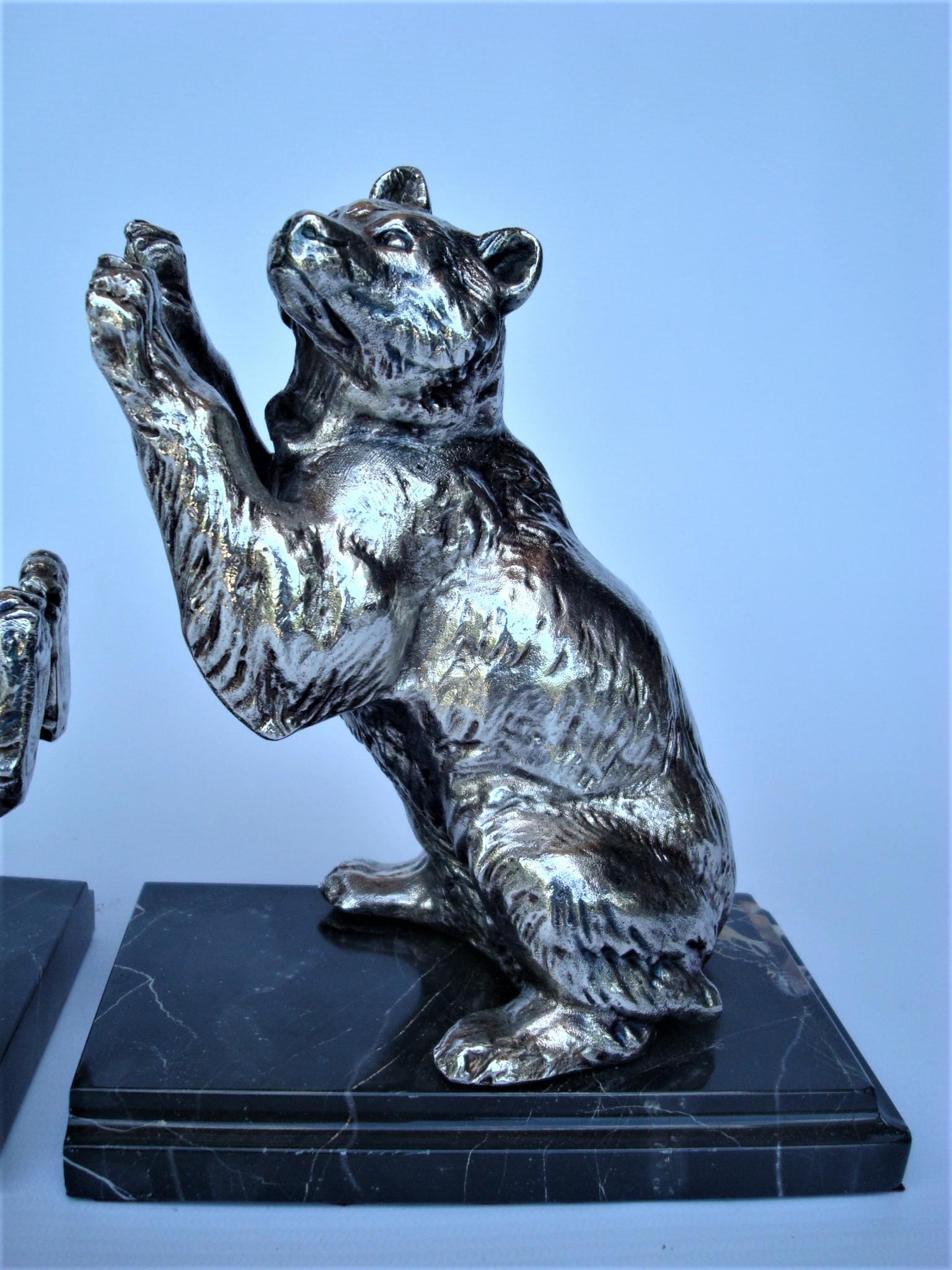 French Art Deco Pair of Silvered Metal Playing Bears Bookends, France, 1920's For Sale